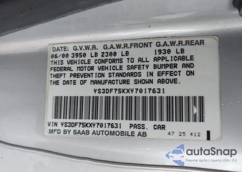 2000 Saab 9-3 Se from USA, damaged, VIN YS3DF75KXY7017631